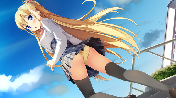 Anime-Bild 1920x1080 mit koi suru kanojo no bukiyou na butai alice third macy kantoku single long hair looking at viewer blush fringe highres open mouth blue eyes light erotic wide image game cg sky cloud (clouds) outdoors from below pantyshot plaid skirt