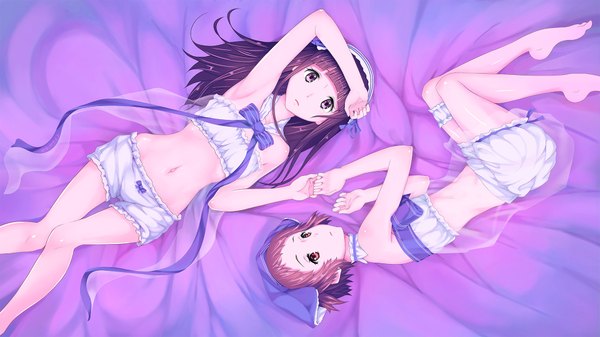 Anime picture 1920x1080 with hyouka kyoto animation chitanda eru ibara mayaka feihong long hair highres short hair light erotic brown hair wide image purple eyes multiple girls brown eyes purple hair lying bare legs midriff girl navel