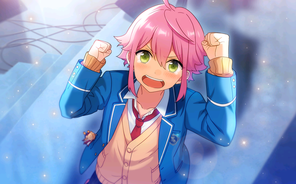 Anime picture 1280x797 with ensemble stars! himemiya touri single looking at viewer blush fringe short hair open mouth hair between eyes wide image green eyes pink hair game cg ahoge from above official art open collar against glass boy uniform