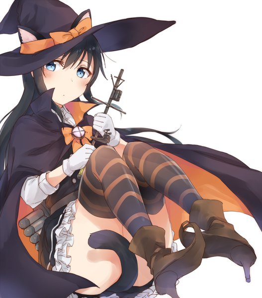 Anime picture 879x1000 with kantai collection asashio destroyer satsumi single long hair tall image looking at viewer blush fringe blue eyes light erotic black hair simple background hair between eyes white background holding animal ears tail animal tail cat ears