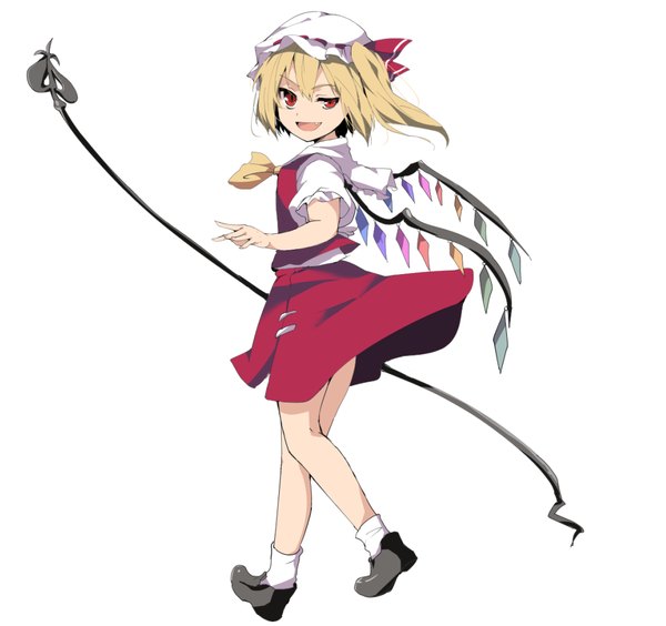 Anime picture 1027x966 with touhou flandre scarlet hasebe yuusaku single looking at viewer short hair open mouth simple background blonde hair hair between eyes red eyes white background :d looking back fang (fangs) one side up walking >:d girl weapon