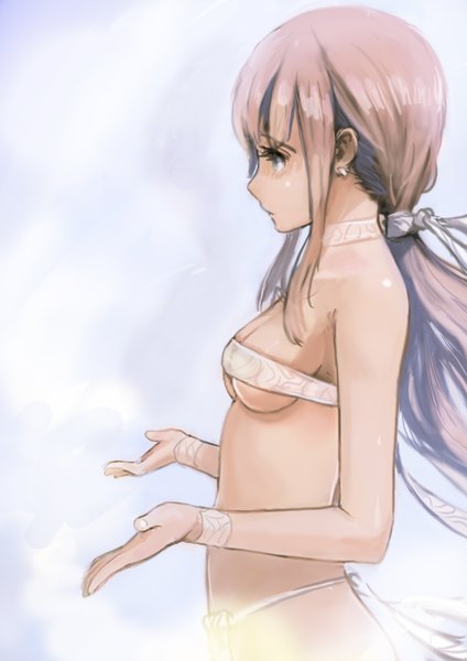 Anime picture 2480x3508 with original okuto single long hair tall image fringe highres breasts light erotic simple background brown hair standing bare shoulders payot looking away upper body profile grey background bare belly grey eyes