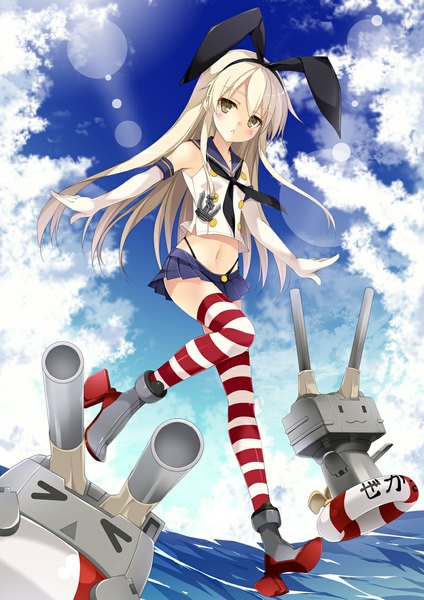 Anime picture 800x1131 with kantai collection shimakaze destroyer rensouhou-chan kobayashi chisato single long hair tall image looking at viewer blush light erotic blonde hair brown eyes cloud (clouds) full body midriff girl thighhighs gloves navel weapon