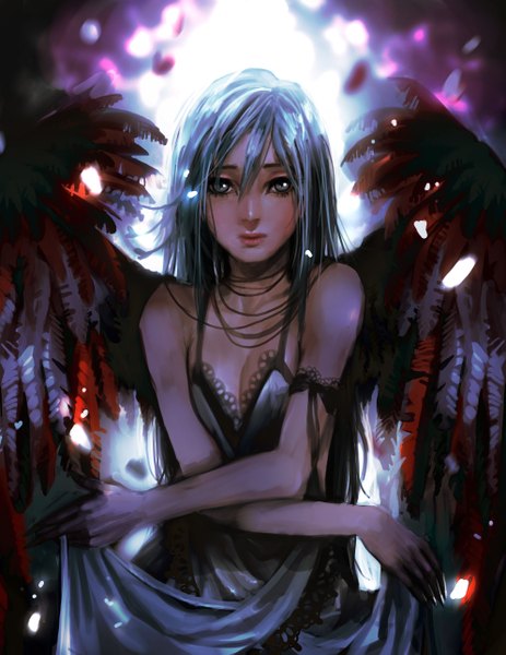 Anime picture 1987x2575 with original genki-de single long hair tall image looking at viewer blush highres bare shoulders silver hair lips crossed arms silver eyes sad girl dress wings white dress