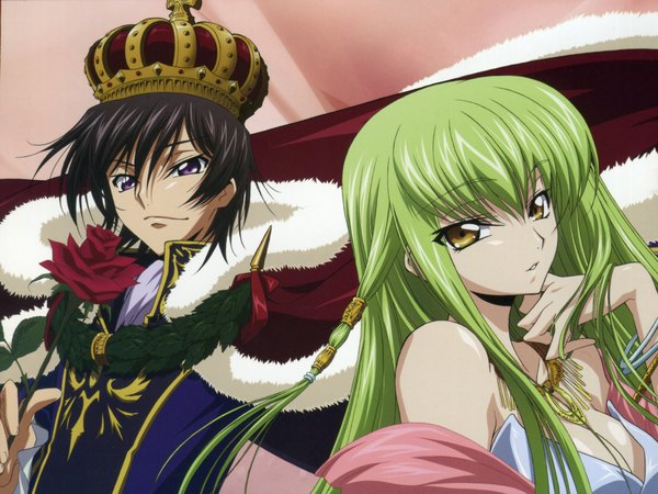 Anime picture 2172x1630 with code geass sunrise (studio) c.c. lelouch lamperouge fringe highres short hair purple eyes yellow eyes parted lips green hair girl boy crown