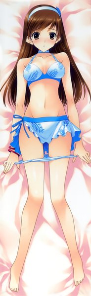 Anime picture 2303x7491 with idolmaster idolmaster cinderella girls nitta minami nakamura takeshi single long hair tall image looking at viewer blush highres light erotic brown hair bare shoulders brown eyes lying dakimakura (medium) girl navel swimsuit bracelet