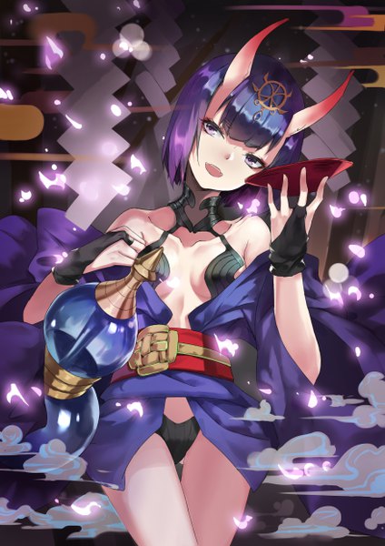 Anime picture 3507x4960 with fate (series) fate/grand order shuten douji (fate) erlge single tall image fringe highres short hair breasts open mouth light erotic purple eyes holding absurdres purple hair head tilt horn (horns) oni horns oni