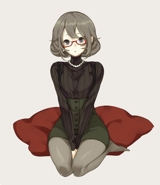 Anime picture 1200x1387 with original yuu (higashi no penguin) single tall image looking at viewer short hair simple background sitting full body grey hair black eyes grey background no shoes between legs girl skirt pantyhose glasses pillow beads