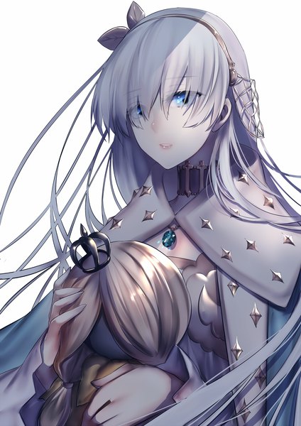 Anime picture 1413x2000 with fate (series) fate/grand order anastasia (fate) viy (fate) rahato single long hair tall image fringe blue eyes simple background standing white background holding silver hair upper body parted lips lipstick shiny skin pink lipstick