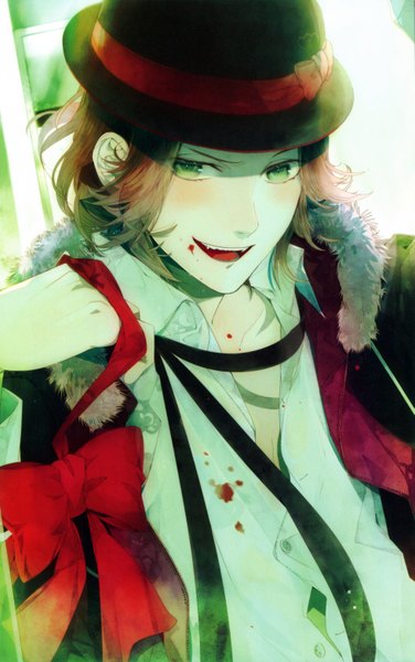 Anime picture 3914x6230 with diabolik lovers idea factory sakamaki raito single tall image looking at viewer highres short hair open mouth smile green eyes absurdres open clothes open jacket partially open clothes vampire boy bow hat jacket