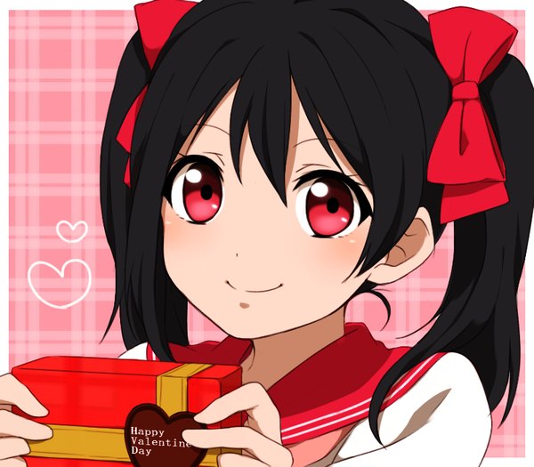 Anime picture 800x700 with love live! school idol project sunrise (studio) love live! yazawa nico sekina single long hair blush black hair smile hair between eyes red eyes twintails looking away pink background framed valentine plaid plaid background girl