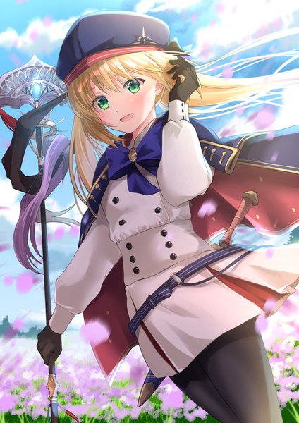 Anime picture 1061x1500 with fate (series) fate/grand order artoria pendragon (all) artoria caster (fate) iroha (shiki) single long hair tall image open mouth blonde hair standing twintails holding green eyes sky cloud (clouds) :d wind adjusting hair double buttons