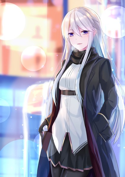 Anime picture 1500x2121 with azur lane enterprise (azur lane) eternity (shadeh) single long hair tall image looking at viewer blush fringe breasts hair between eyes standing purple eyes holding payot silver hair long sleeves parted lips pleated skirt light smile