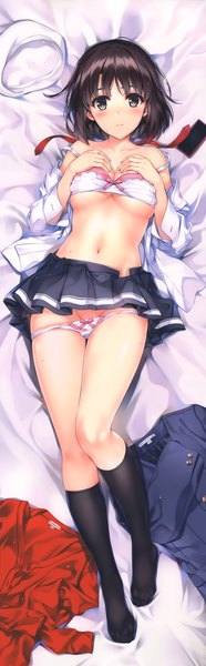 Anime picture 2360x7605 with saenai heroine no sodatekata a-1 pictures katou megumi misaki kurehito single tall image looking at viewer blush highres short hair breasts light erotic black hair black eyes scan open shirt underboob panty pull dakimakura (medium) hat removed