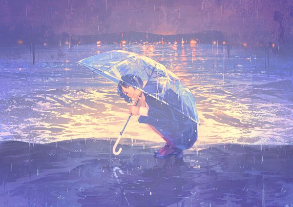 Anime picture 2000x1415 with original gemi single highres short hair black hair holding full body outdoors black eyes reflection looking up rain squat scenic river lake transparent umbrella girl skirt