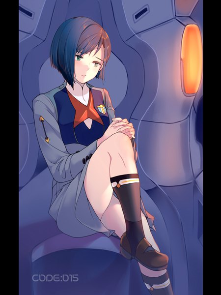 Anime picture 2400x3200 with darling in the franxx studio trigger ichigo (darling in the franxx) kate iwana single tall image highres short hair sitting green eyes blue hair looking away bent knee (knees) hands clasped interlocked fingers military pillarboxed girl uniform military uniform