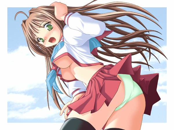 Anime picture 1024x768 with blush breasts light erotic pantyshot underboob uniform underwear panties school uniform serafuku
