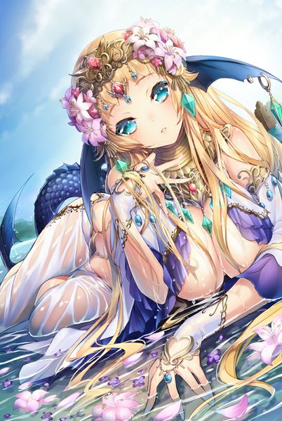 Anime picture 536x800 with original sorimura youji single long hair tall image looking at viewer blush breasts blue eyes light erotic blonde hair hair flower wet clothes girl dress hair ornament flower (flowers) water jewelry