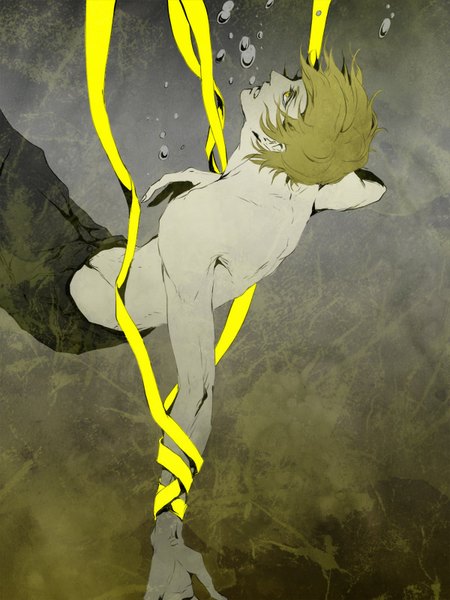 Anime picture 600x800 with kuroko no basket production i.g kise ryouta ist single tall image fringe short hair open mouth blonde hair yellow eyes fingernails groin underwater bondage shirtless boy ribbon (ribbons) pants bubble (bubbles)