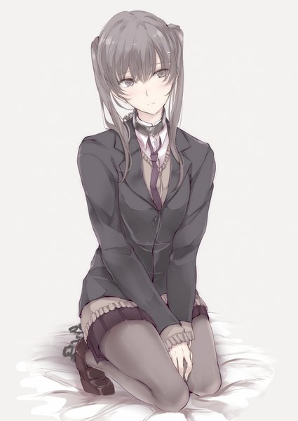 Anime picture 1190x1681 with original touma raito single long hair tall image blush fringe simple background sitting twintails looking away bent knee (knees) pleated skirt grey hair grey background grey eyes kneeling girl skirt uniform