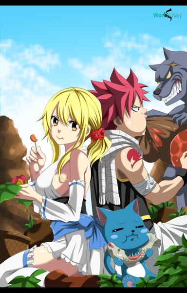 Anime picture 2280x3563 with fairy tail lucy heartfilia natsu dragneel happy (fairy tail) lworldchiefl long hair tall image highres short hair blonde hair yellow eyes pink hair sky cloud (clouds) ponytail hair flower black eyes tattoo sleeveless grin