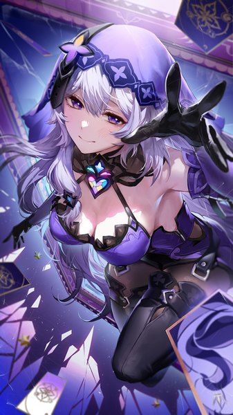 Anime picture 1080x1920 with honkai: star rail honkai (series) black swan (honkai: star rail) sowb single long hair tall image looking at viewer fringe breasts light erotic smile hair between eyes large breasts purple eyes bare shoulders purple hair arm up from above armpit (armpits)