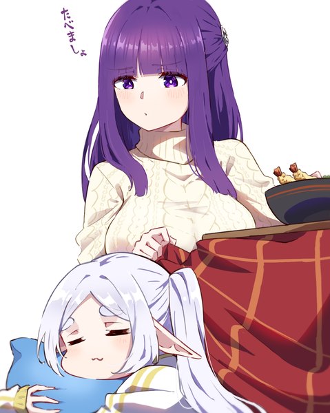 Anime picture 1291x1617 with sousou no frieren frieren fern (sousou no frieren) hyoe (hachiechi) long hair tall image simple background white background purple eyes multiple girls looking away silver hair purple hair eyes closed pointy ears text eyebrows elf half updo sleeping