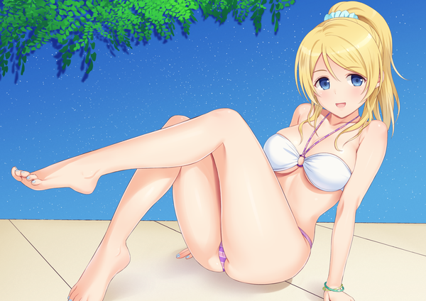 Anime picture 4093x2894 with love live! school idol project sunrise (studio) love live! ayase eli n.g. single long hair looking at viewer blush fringe highres breasts open mouth blue eyes light erotic blonde hair smile hair between eyes large breasts sitting