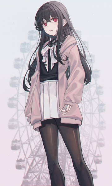 Anime picture 3382x5599 with original domi (hyaku8795) single long hair tall image looking at viewer fringe highres open mouth black hair hair between eyes red eyes standing absurdres long sleeves pleated skirt fingernails open jacket from below sleeves past wrists