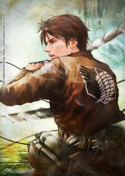 Anime picture 850x1202 with shingeki no kyojin production i.g eren yaeger brilcrist single tall image short hair open mouth blue eyes brown hair holding signed from behind realistic dual wielding boy uniform weapon sword wire (wires)