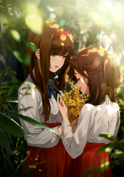 Anime picture 3163x4500 with original ancotaku long hair tall image blush fringe highres open mouth blue eyes brown hair multiple girls looking away absurdres eyes closed scan half updo girl skirt flower (flowers) 2 girls