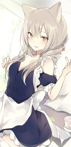 Anime picture 480x1000 with original lpip single long hair tall image looking at viewer blush fringe breasts open mouth hair between eyes twintails brown eyes animal ears cleavage grey hair cat ears maid cat girl dutch angle