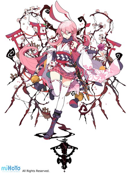 Anime picture 756x998 with benghuai xueyuan honkai (series) yae sakura ideolo single long hair tall image fringe open mouth simple background hair between eyes standing white background animal ears looking away pink hair full body traditional clothes japanese clothes pleated skirt