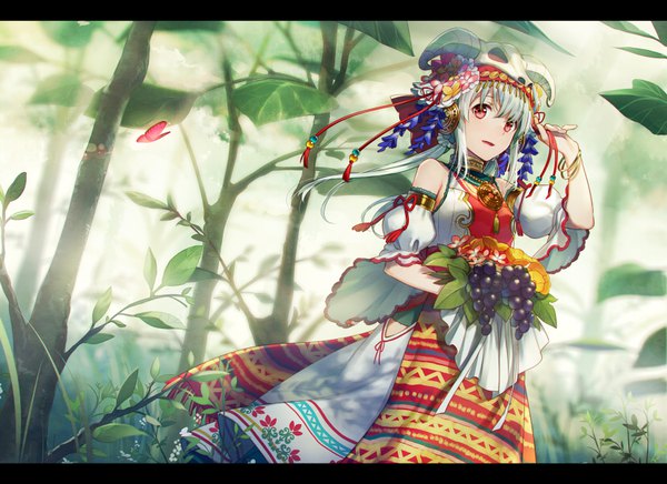 Anime picture 825x600 with original asahikawa hiyori single long hair looking at viewer open mouth red eyes bare shoulders silver hair traditional clothes arm up wide sleeves puffy sleeves girl dress hair ornament flower (flowers) plant (plants) detached sleeves tree (trees)