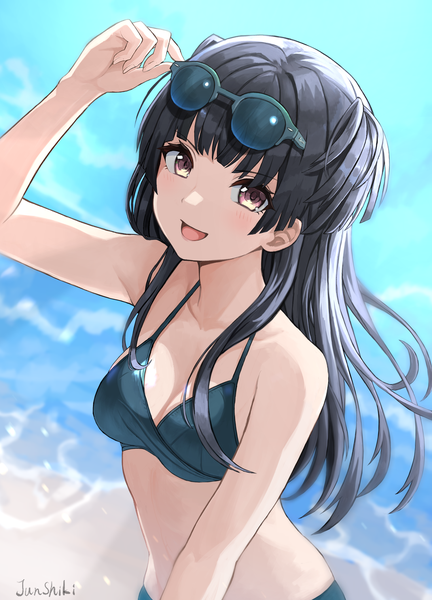 Anime picture 1500x2084 with idolmaster idolmaster shiny colors mayuzumi fuyuko junshiki single long hair tall image looking at viewer blush fringe breasts open mouth light erotic black hair smile bare shoulders brown eyes upper body blunt bangs :d