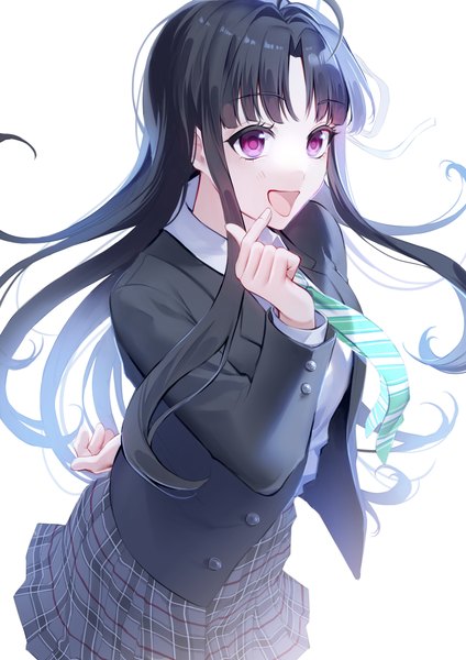Anime picture 2894x4093 with girls band cry toei animation awa subaru fu iwashibou single long hair tall image highres open mouth black hair simple background white background purple eyes looking away :d finger heart girl uniform school uniform necktie