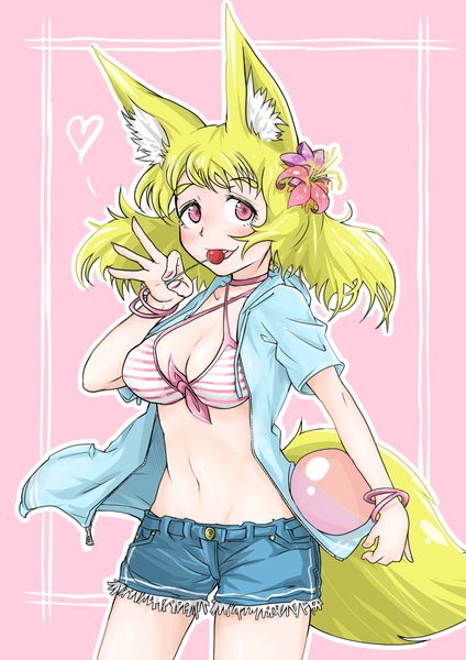 Anime picture 2894x4093 with original shuumatsu kitsune-san (doitsuken) fox wife (doitsuken) doitsuken single tall image looking at viewer blush highres short hair breasts blonde hair simple background standing holding animal ears tail nail polish parted lips animal tail