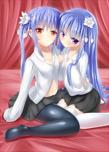 Anime picture 1100x1525 with original kikichi long hair tall image blush open mouth light erotic red eyes purple eyes twintails multiple girls blue hair open clothes midriff open shirt girl thighhighs skirt navel 2 girls