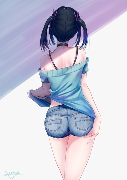 Anime picture 1505x2125 with original shun'ya (daisharin36) single tall image short hair black hair simple background standing twintails bare shoulders signed payot ass from behind off shoulder shadow short sleeves hand on hip back girl
