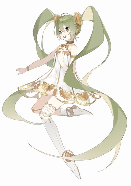 Anime picture 1062x1500 with vocaloid miku symphony (vocaloid) hatsune miku gramophone miku heridy single tall image fringe simple background hair between eyes white background twintails green eyes looking away full body very long hair green hair girl dress transparent clothing