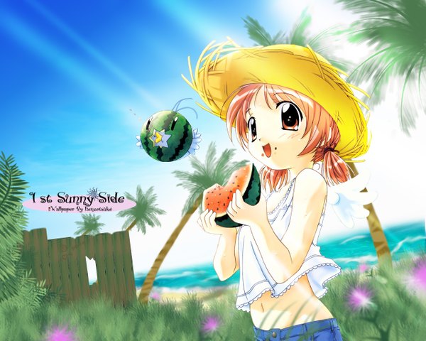 Anime picture 1280x1024 with tentama karin (tentama) aoi (tentama) matsuo yukihiro single fringe short hair open mouth twintails bare shoulders holding brown eyes sky upper body outdoors red hair sunlight midriff happy eating