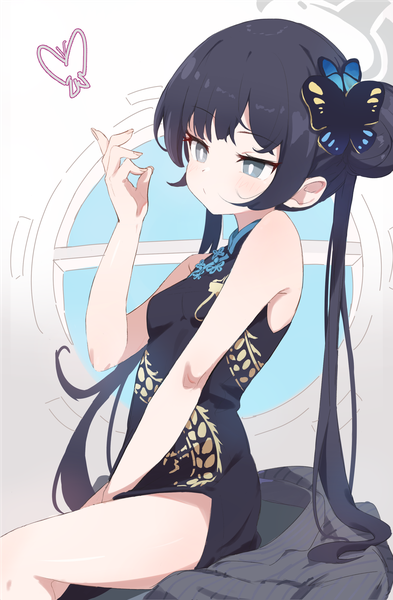 Anime picture 1900x2900 with blue archive kisaki (blue archive) wep16night single long hair tall image highres black hair sitting twintails looking away traditional clothes arm up grey eyes hair bun (hair buns) sleeveless chinese clothes side slit girl hair ornament