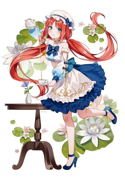 Anime picture 2480x3510 with genshin impact nilou (genshin impact) yaruwashi single long hair tall image highres blue eyes standing twintails red hair high heels alternate costume low twintails standing on one leg floral background pouring girl flower (flowers) hat