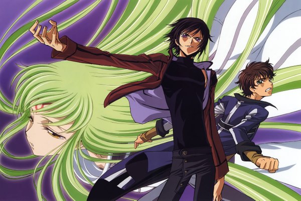 Anime picture 5373x3601 with code geass sunrise (studio) c.c. lelouch lamperouge kururugi suzaku long hair looking at viewer fringe highres short hair brown hair purple eyes green eyes yellow eyes looking away absurdres green hair multiple boys vector purple background