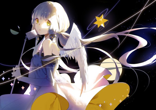 Anime picture 5016x3541 with vocaloid xingchen zhibuji loom single long hair looking at viewer fringe highres bare shoulders yellow eyes absurdres silver hair blunt bangs wind black background shaded face angel wings tress ribbon girl gloves