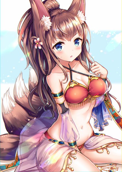 Anime picture 848x1200 with original sakura ani single long hair tall image looking at viewer blush fringe breasts open mouth blue eyes light erotic hair between eyes brown hair sitting bare shoulders animal ears cleavage ponytail tail