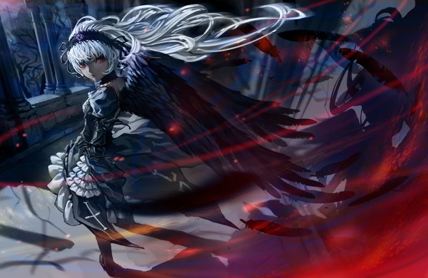 Anime picture 3808x2480 with rozen maiden suigintou cerberus (pixiv) single long hair highres red eyes absurdres silver hair white hair looking back night magic gothic girl dress wings hairband feather (feathers) cross