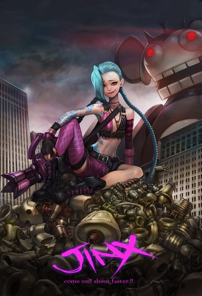 Anime picture 1026x1500 with league of legends jinx (league of legends) gd choco tall image fringe smile red eyes sitting braid (braids) very long hair nail polish hair over one eye aqua hair inscription tattoo twin braids smirk broken girl thighhighs