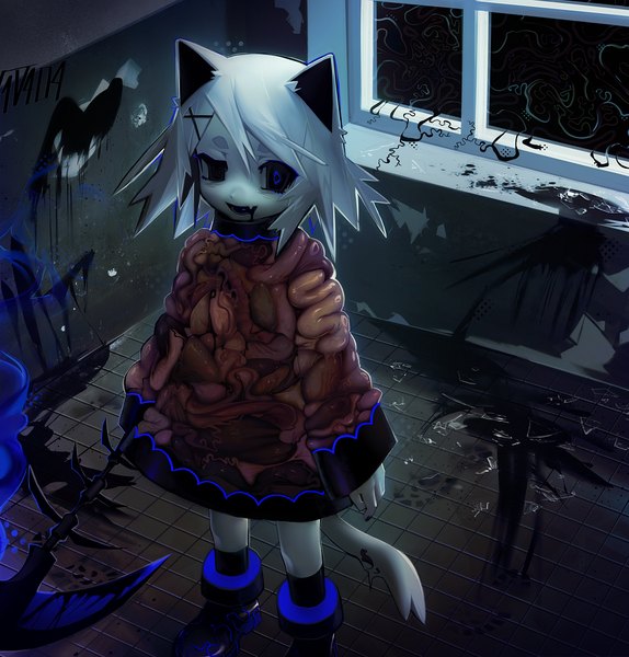 Anime picture 1042x1089 with original v1v404 single tall image looking at viewer fringe short hair open mouth smile hair between eyes standing holding animal ears silver hair indoors tail long sleeves nail polish :d animal tail