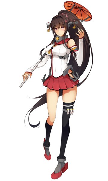 Anime picture 1000x1666 with kantai collection yamato super battleship dean single tall image blush black hair simple background smile white background ponytail very long hair pink eyes girl thighhighs skirt black thighhighs miniskirt socks black socks